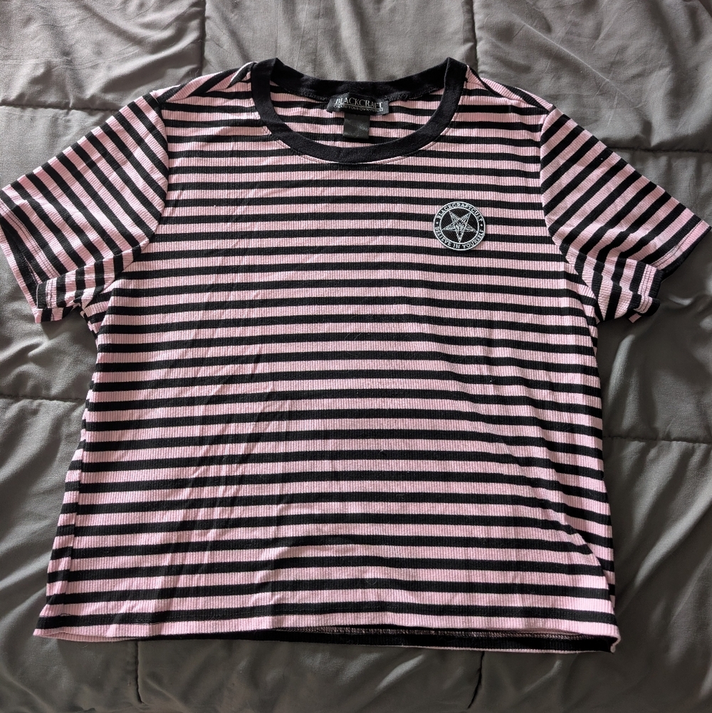 Blackcraft Pink and Black Striped Crop Top